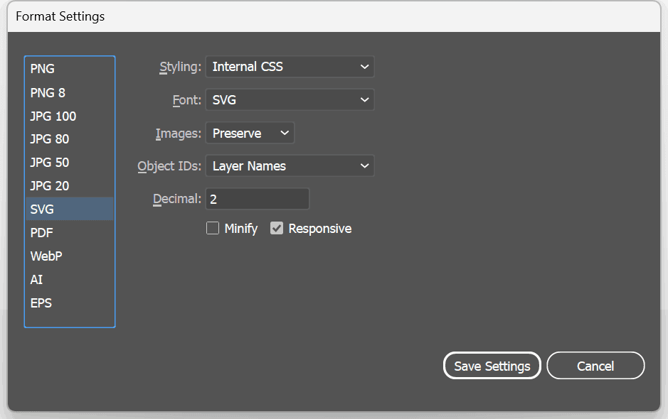 Export for Screens - SVG Export Settings in Illustrator