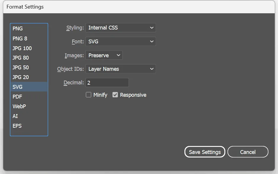 Export for Screens - SVG Export Settings in Illustrator