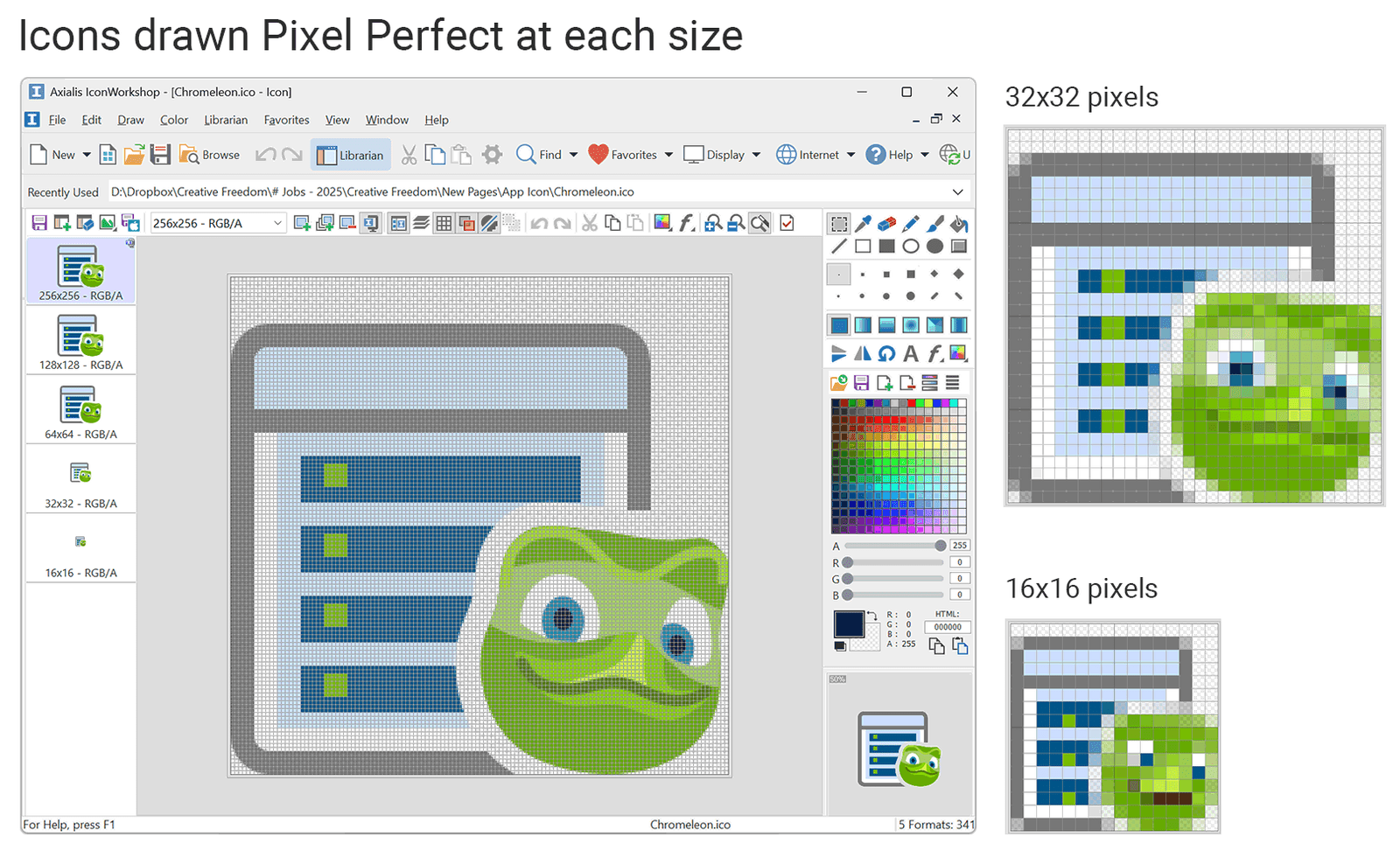 Pixel perfect icons drawn for 16x16, 32x32, 64x64, 128x128 and 256x256 display sizes – no blurry icons