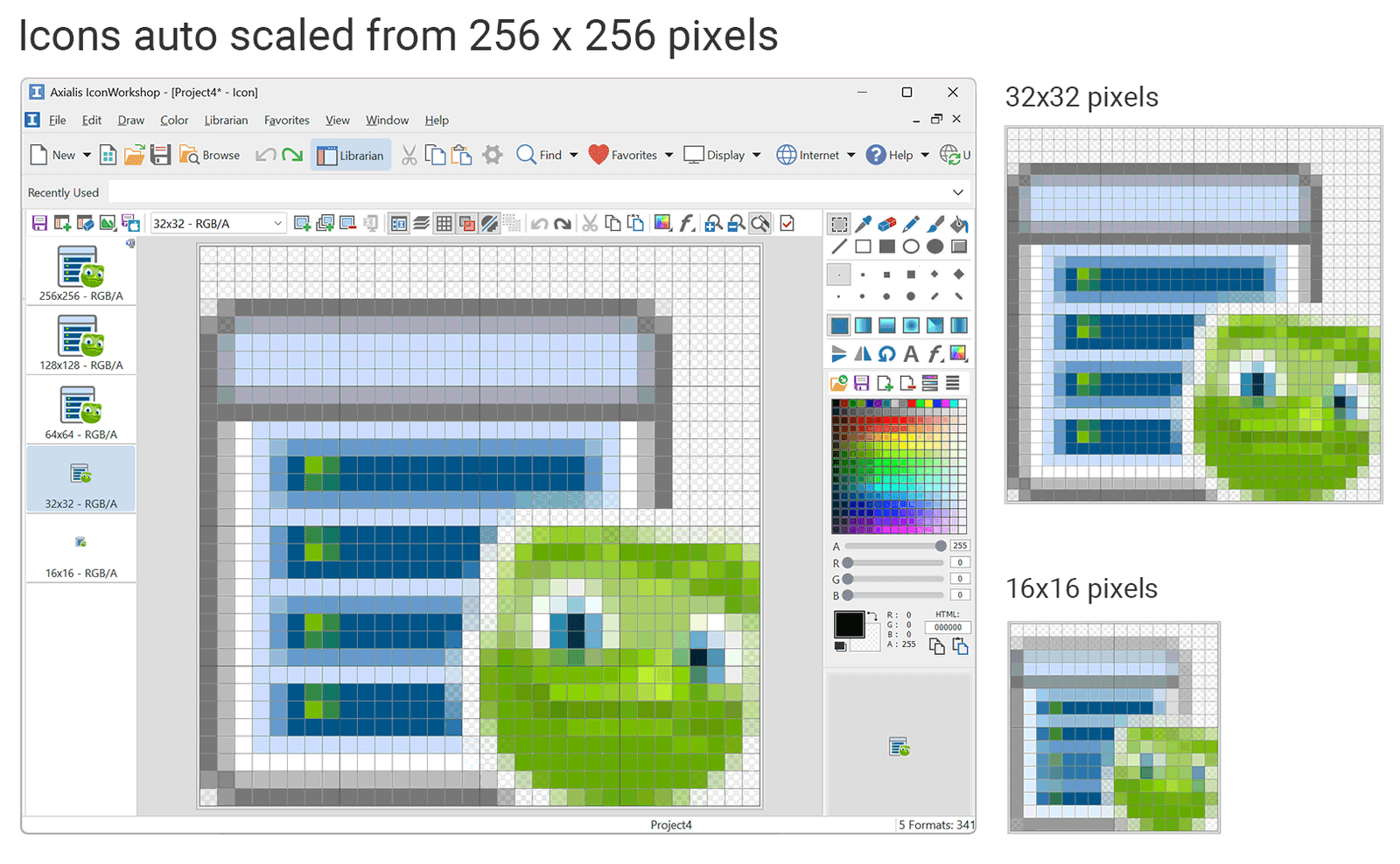 Blurred icons from automatic scaling – blurry 16x16 result compared to pixel perfect version
